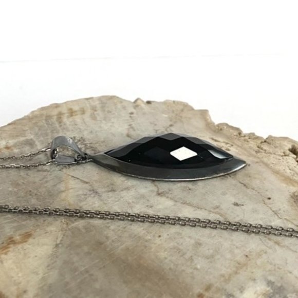 Sterling Silver 925 Oxidized Faceted Black Onyx Marquise Pendant Necklace 17.75" - Picture 2 of 16